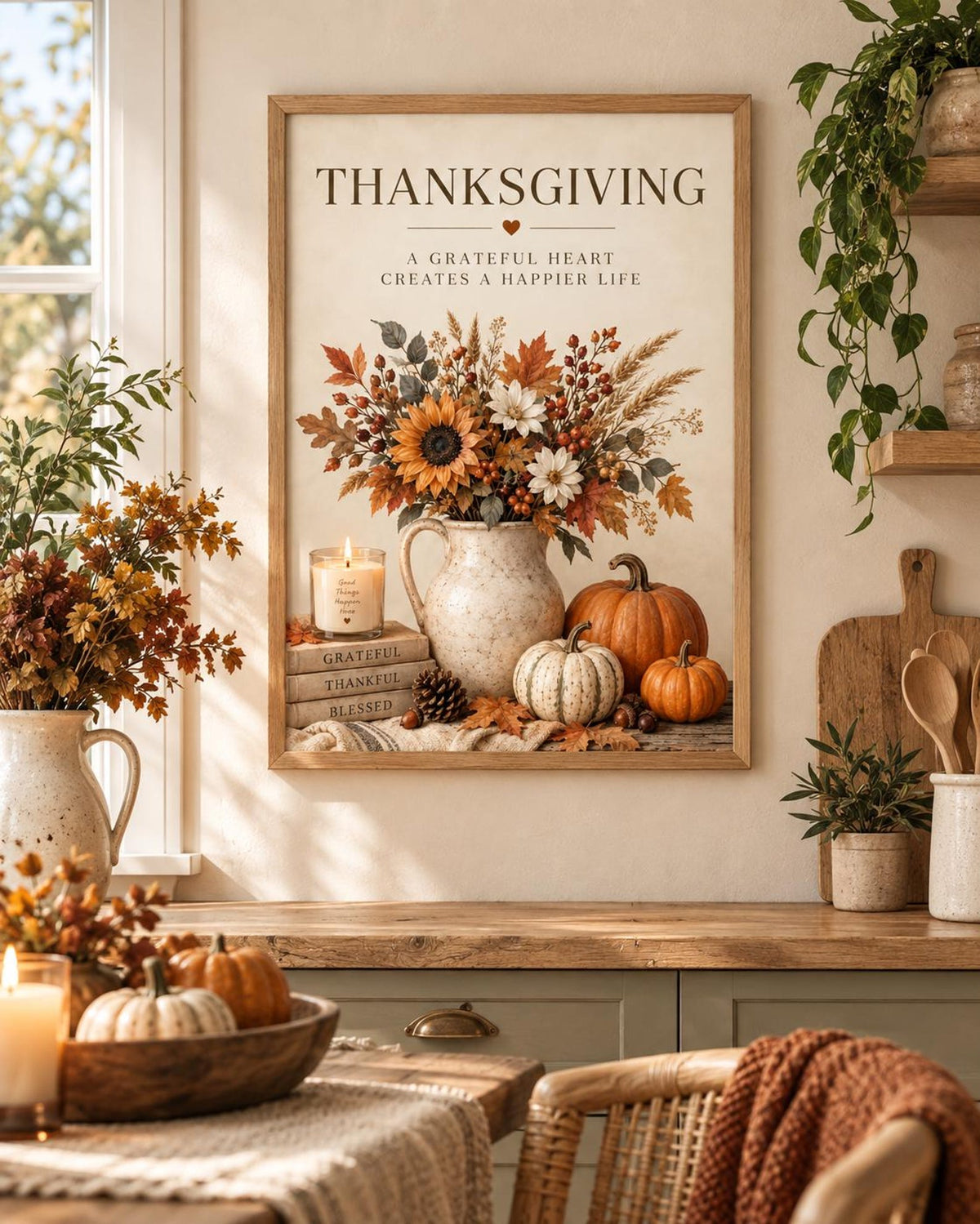 Thanksgiving pumpkin floral wall art mockup