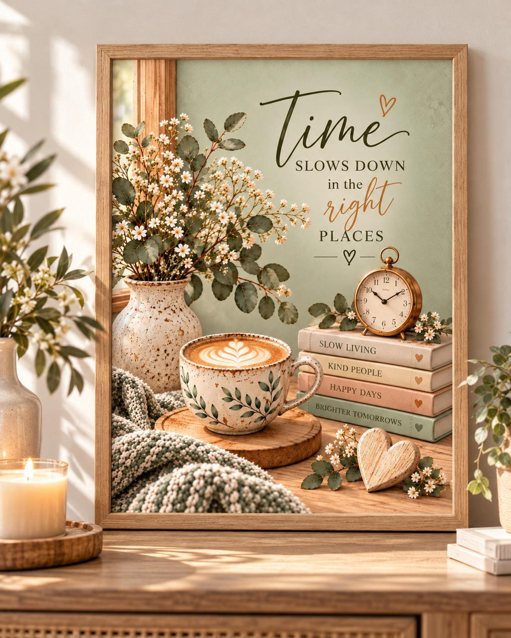 Time Slows Down in the Right Places artwork with flowers, coffee cup, books, vintage clock and wooden heart; print only, frame not included