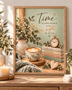 Time Slows Down in the Right Places artwork with flowers, coffee cup, books, vintage clock and wooden heart; print only, frame not included