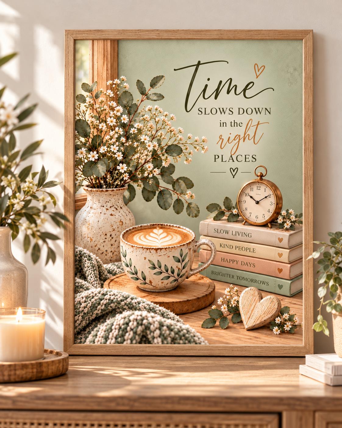 Time Slows Down in the Right Places artwork with flowers, coffee cup, books, vintage clock and wooden heart; print only, frame not included