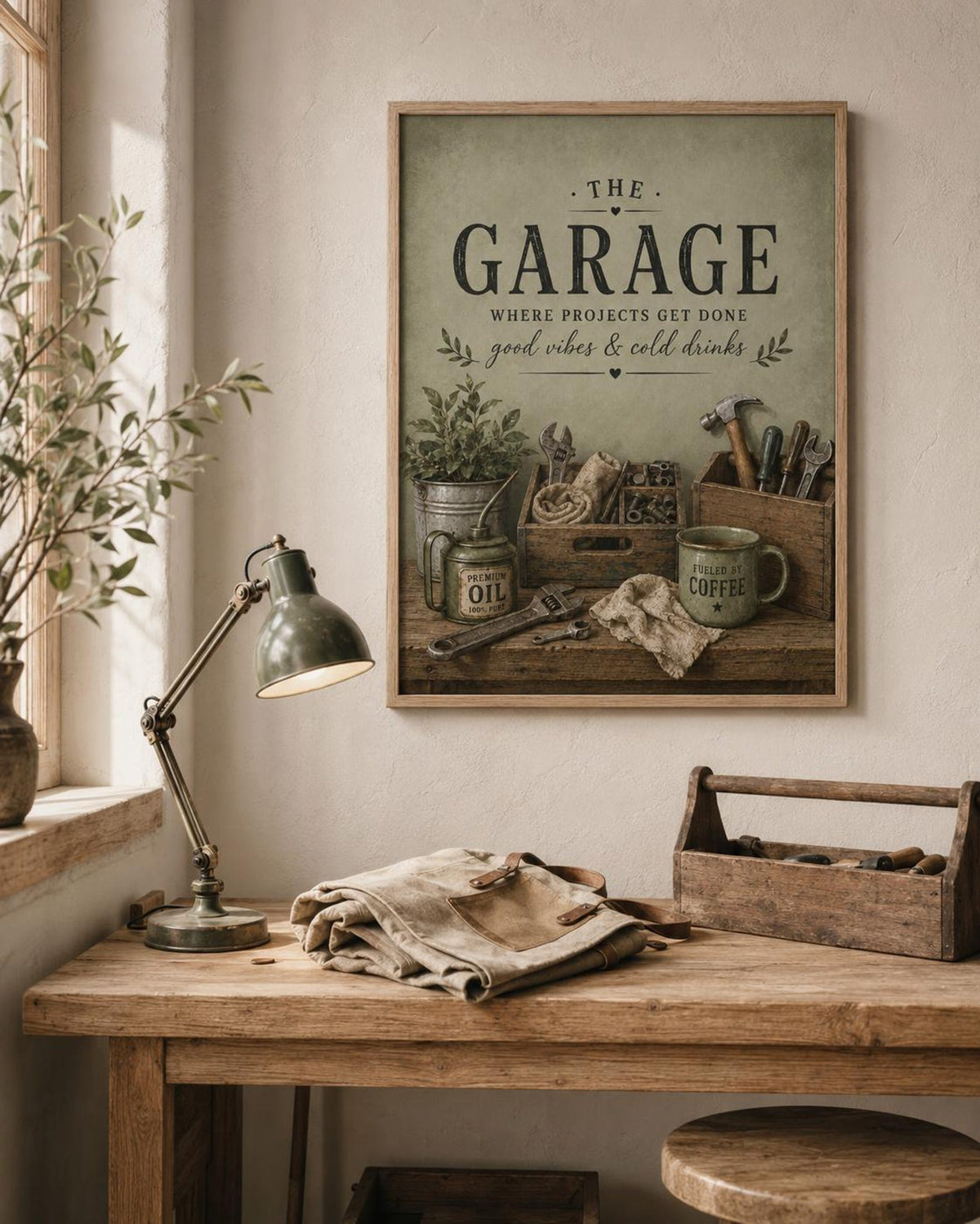 Framed garage wall art print lifestyle mockup 1