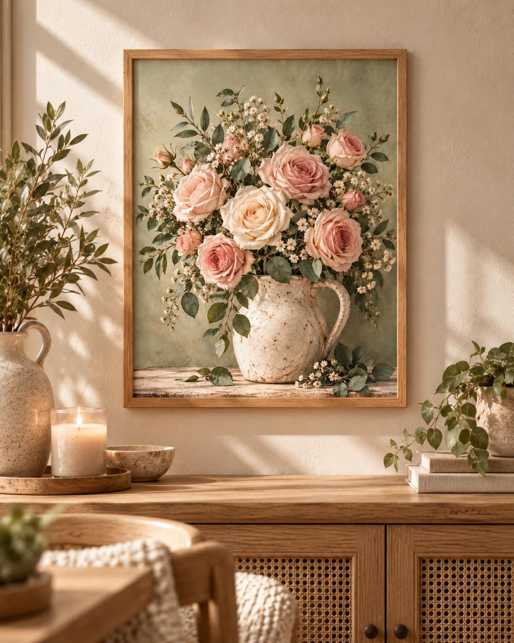 Vintage rose floral wall art above a wooden cabinet