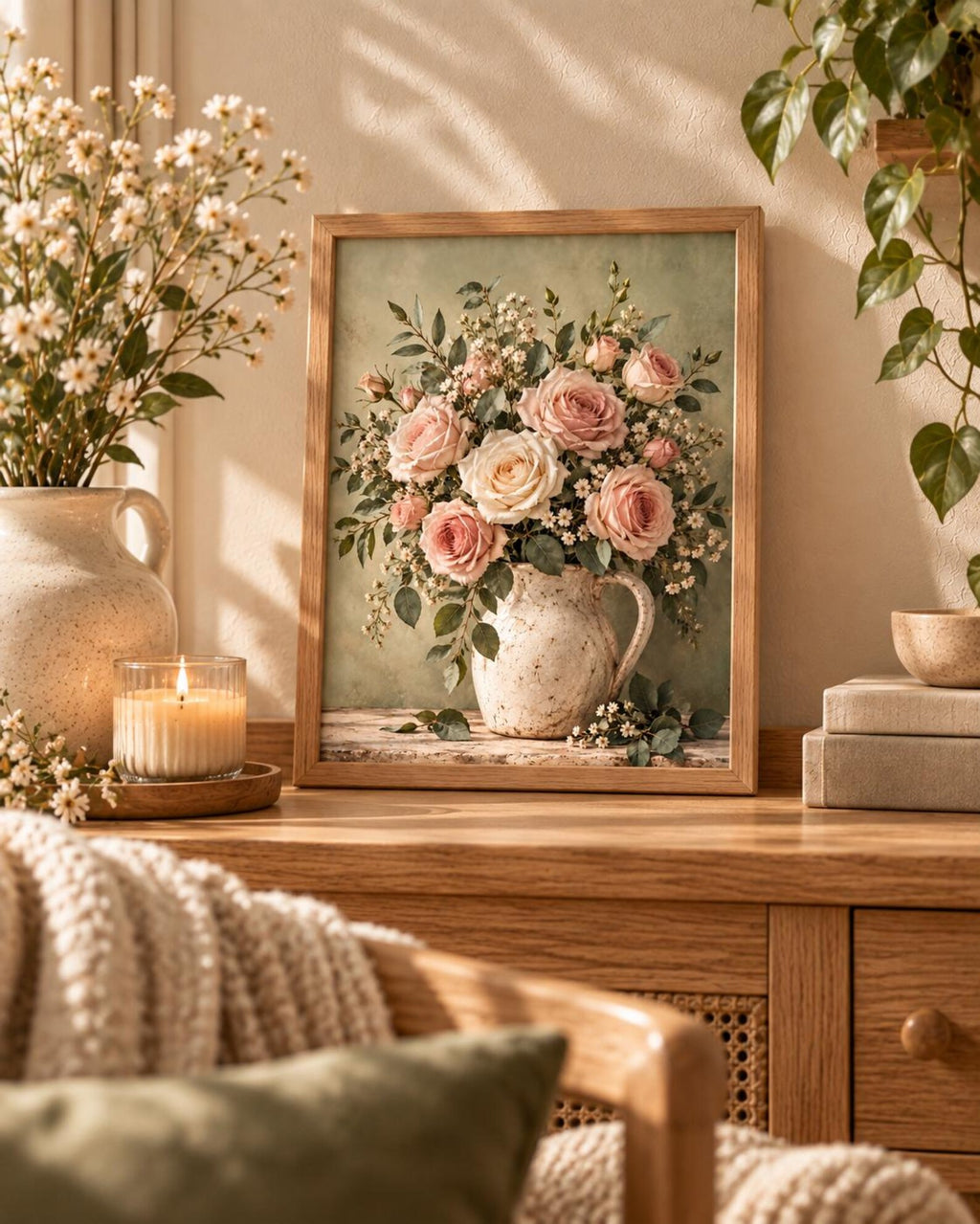 Vintage rose floral wall art styled on a console