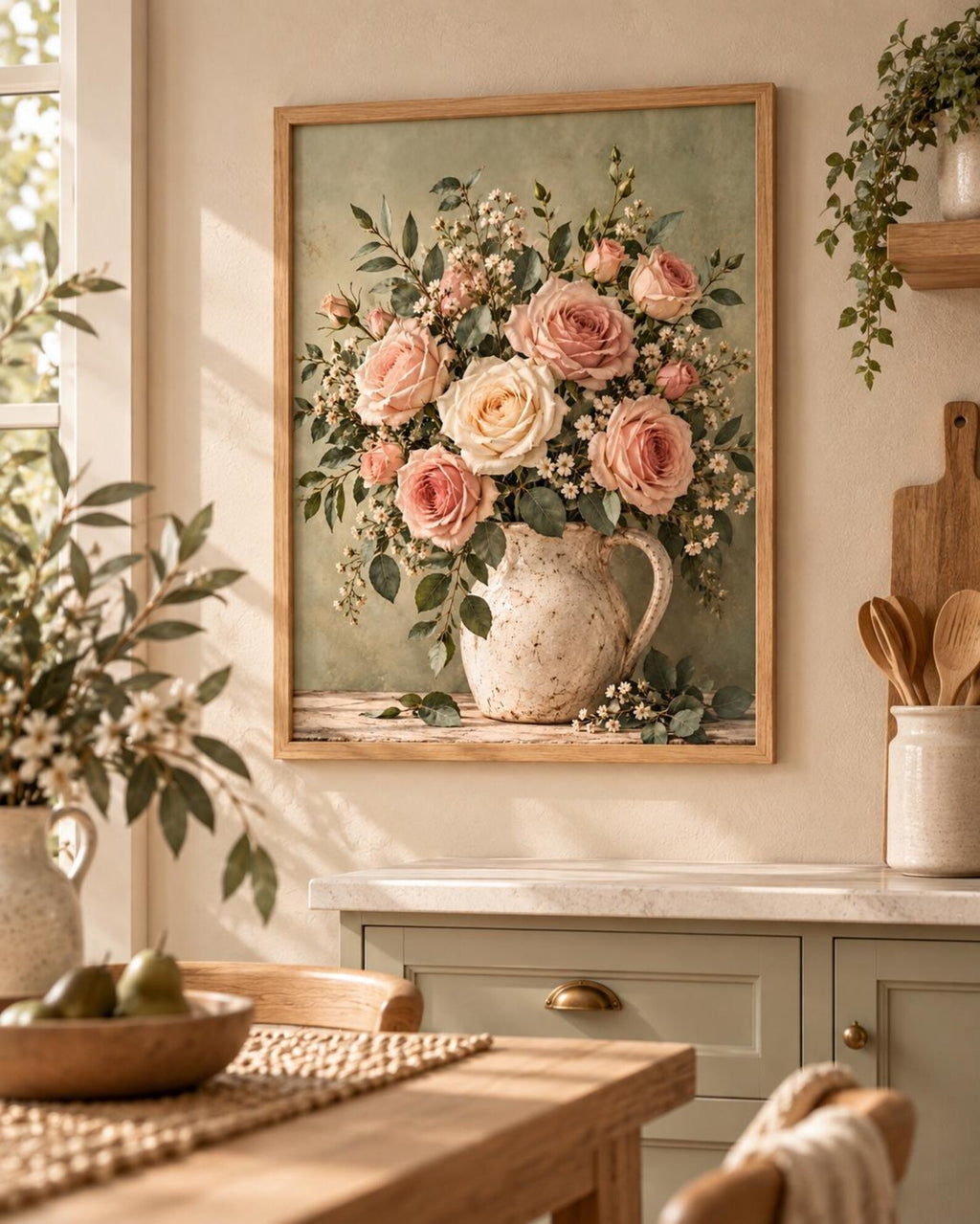 Vintage rose floral wall art displayed in a dining room