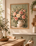 Vintage rose floral wall art displayed in a dining room