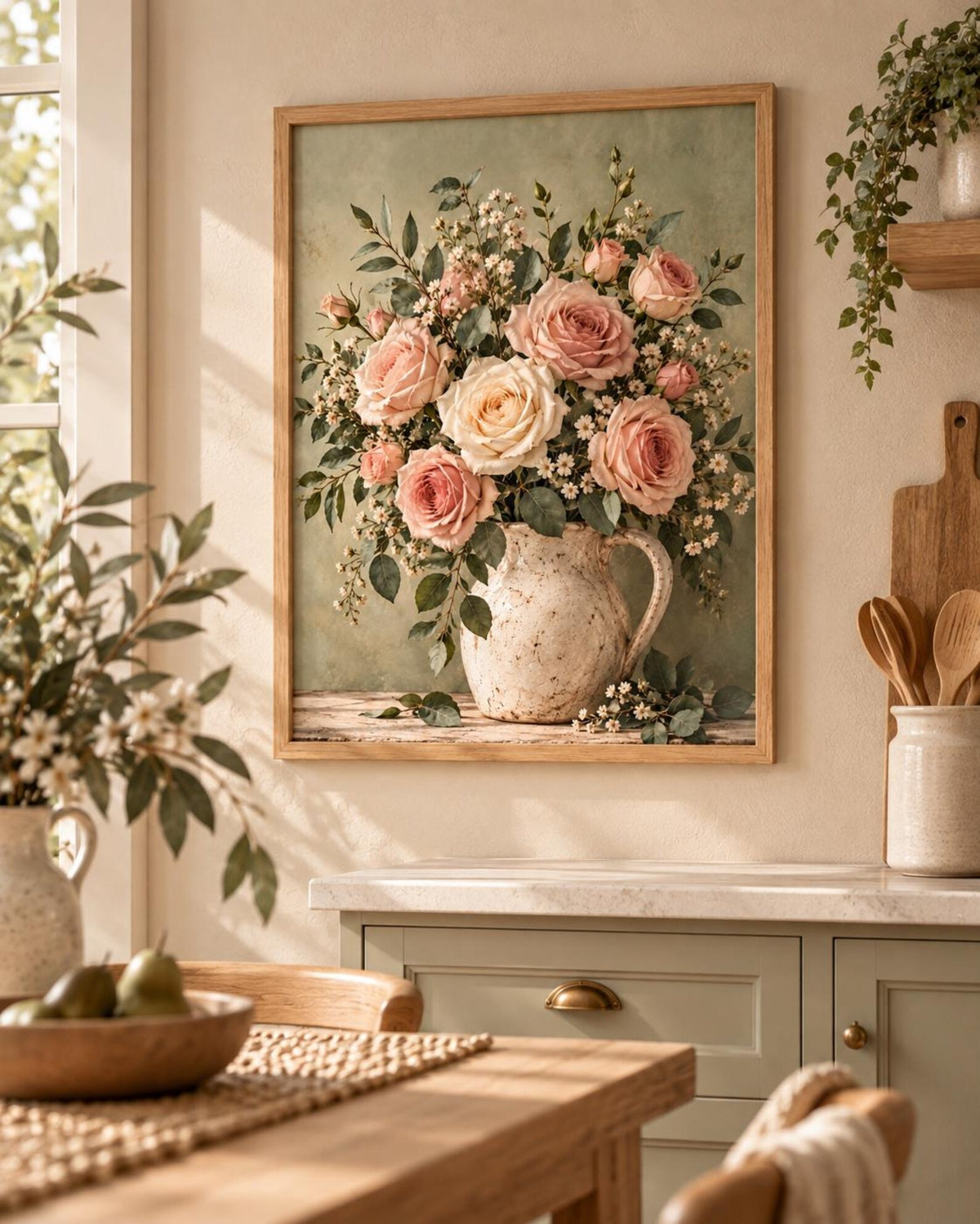 Vintage rose floral wall art displayed in a dining room