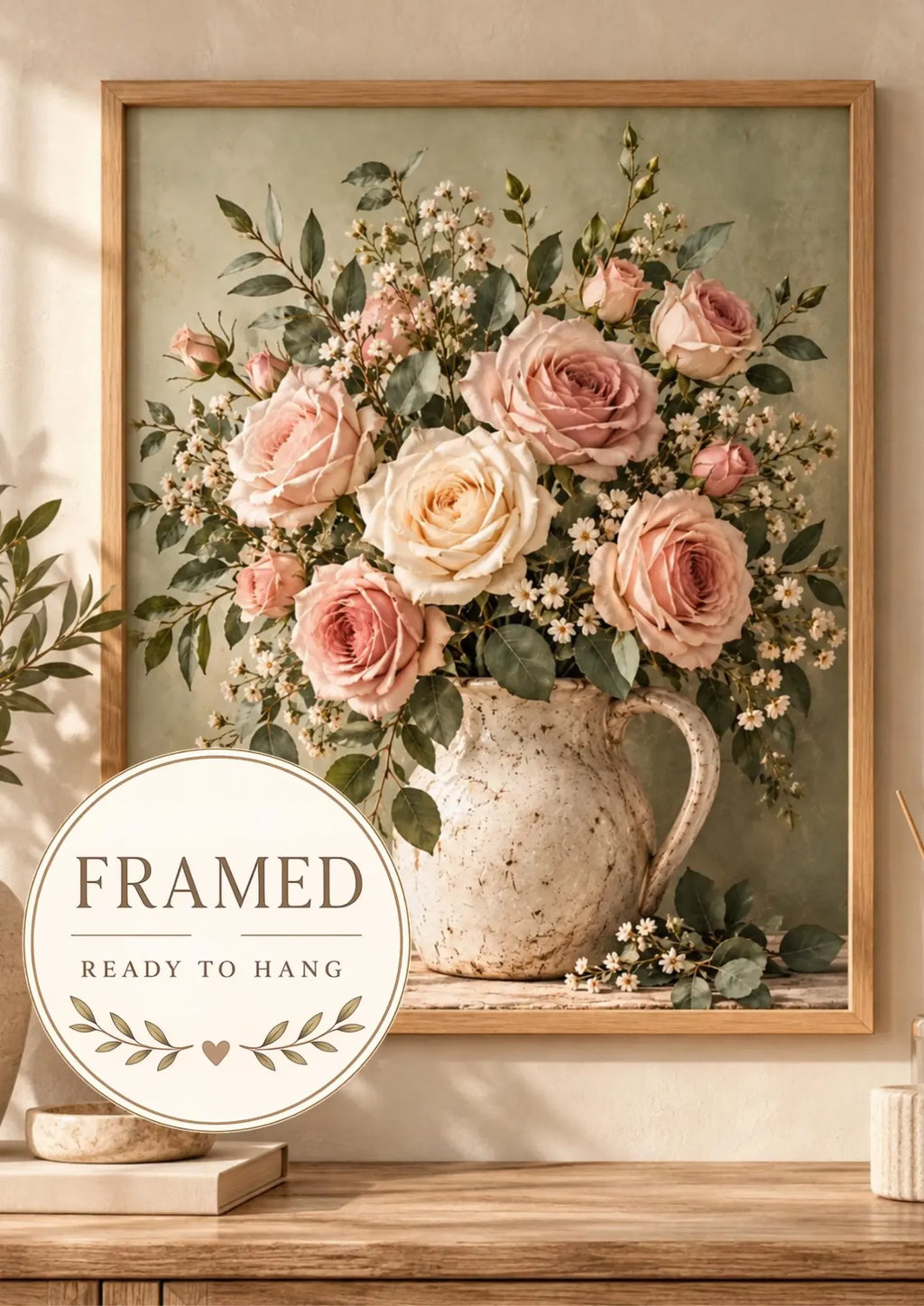 Framed vintage rose floral print with ready to hang badge