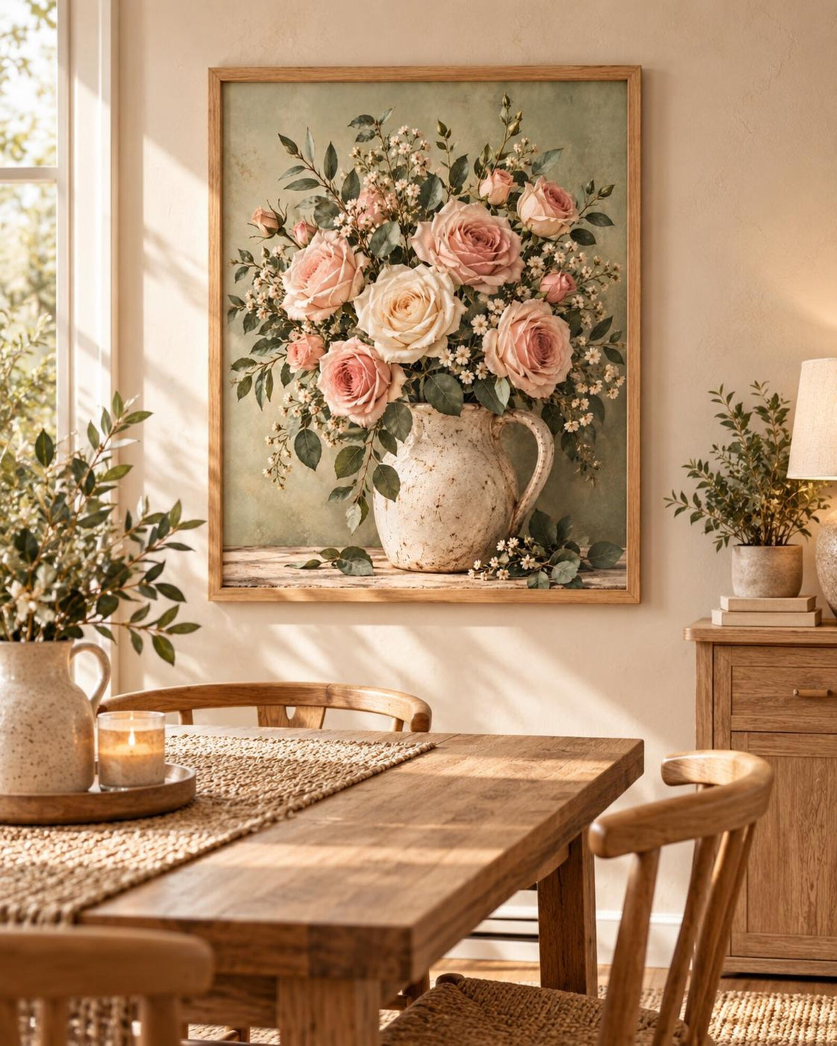 Vintage rose floral wall art above a dining table