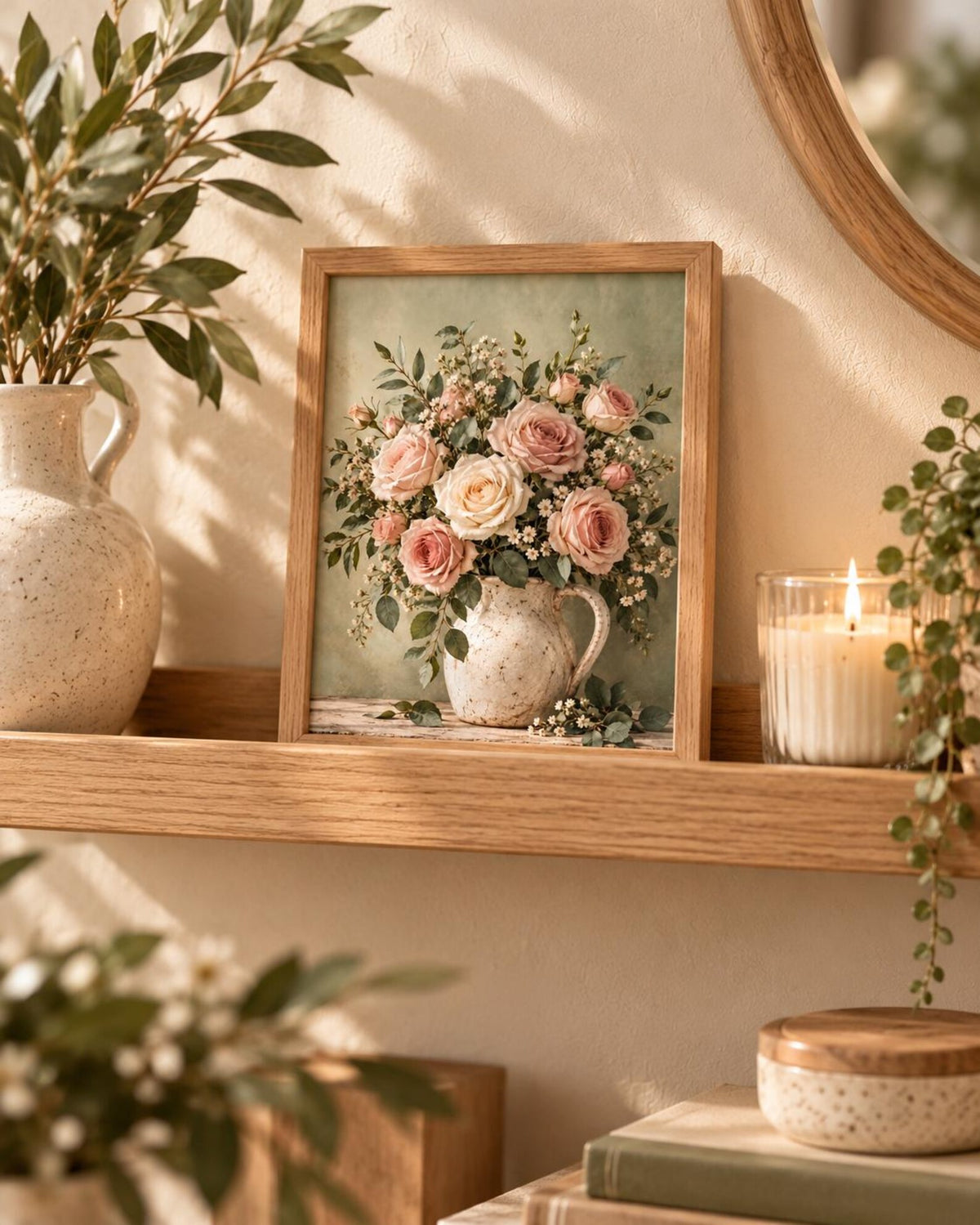 Vintage rose floral wall art styled on a picture ledge