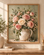 Vintage rose floral print with pink roses and botanical foliage