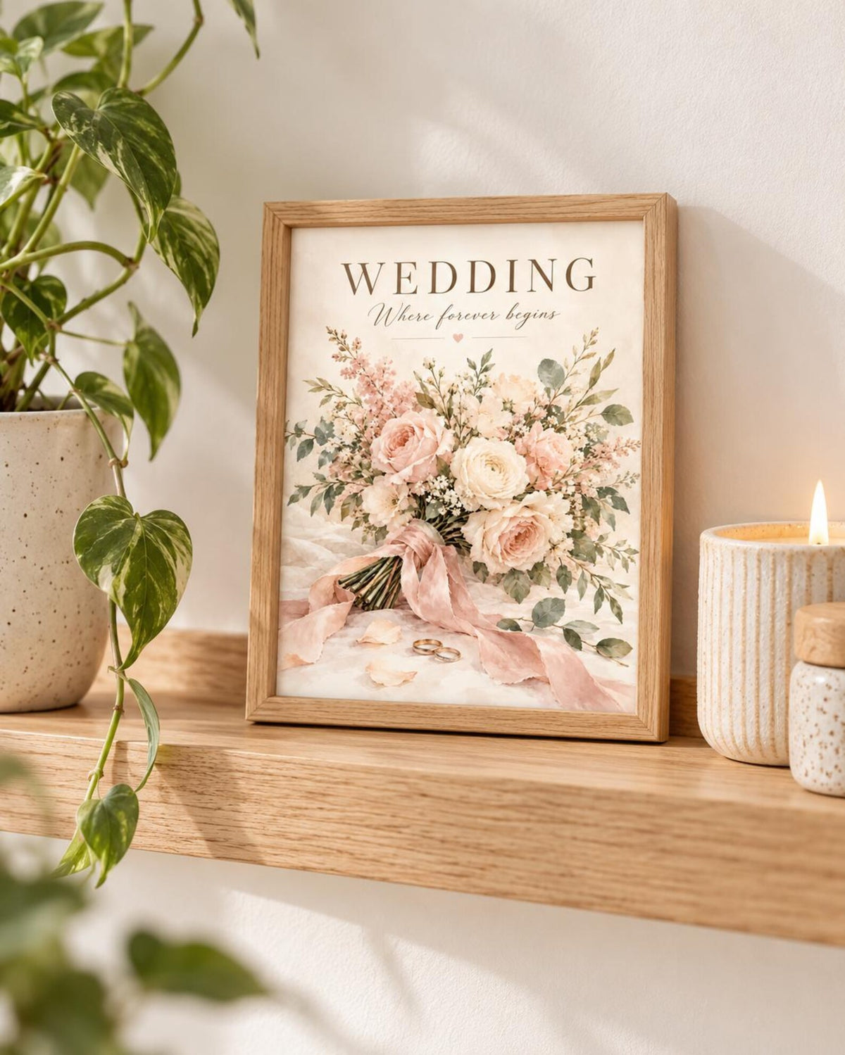 Wedding Floral Print with Blush Rose Bouquet and Romantic Marriage Quote — lifestyle mockup 5