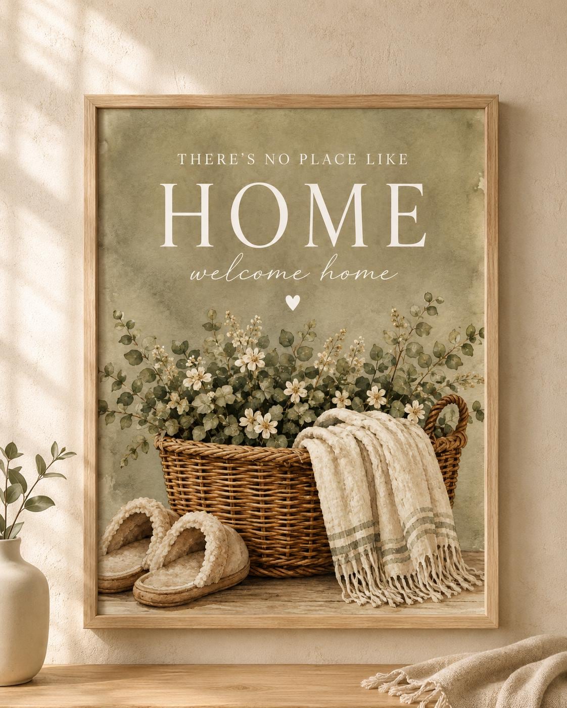 There's No Place Like Home and welcome home artwork with ivory flowers, foliage, wicker basket, cream throw and slippers; print only, frame not included