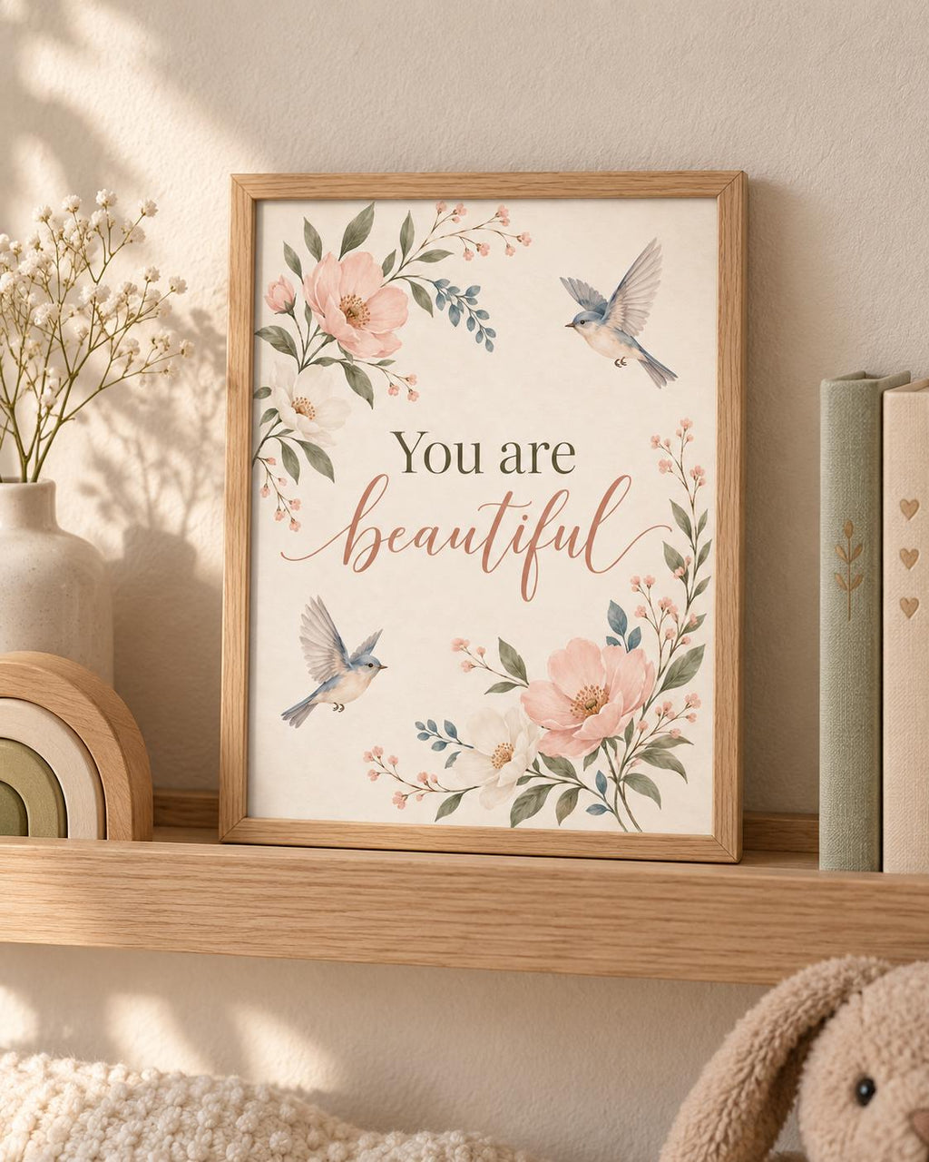 Framed You Are Beautiful floral bird wall art lifestyle mockup