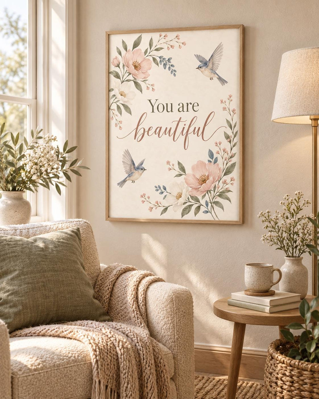 You Are Beautiful floral bird print lifestyle mockup