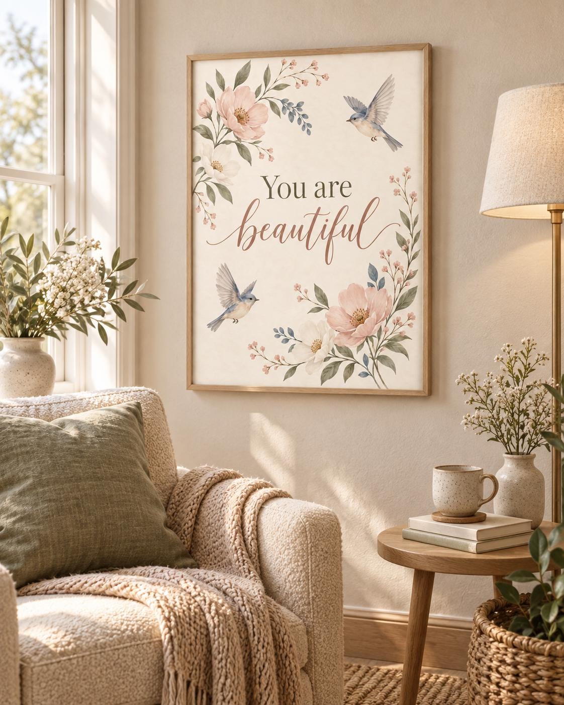 You Are Beautiful floral bird print lifestyle mockup