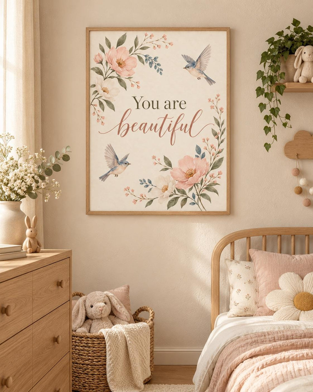 You Are Beautiful floral bird print bedroom mockup