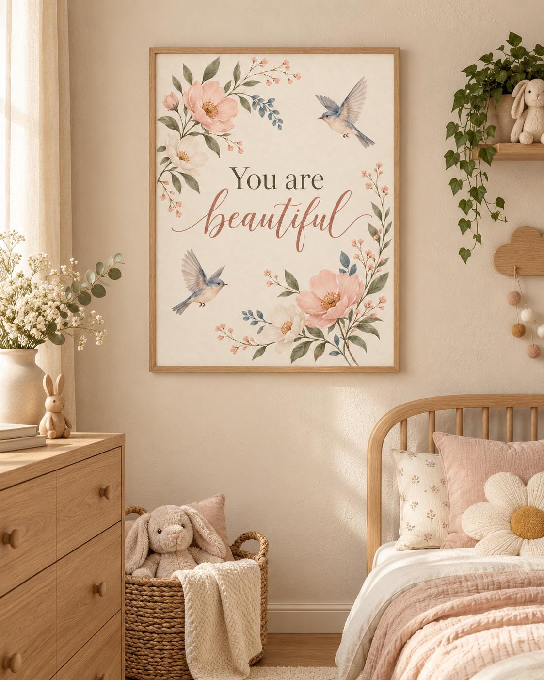 You Are Beautiful floral bird print bedroom mockup