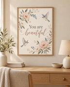 You Are Beautiful floral print shelf mockup