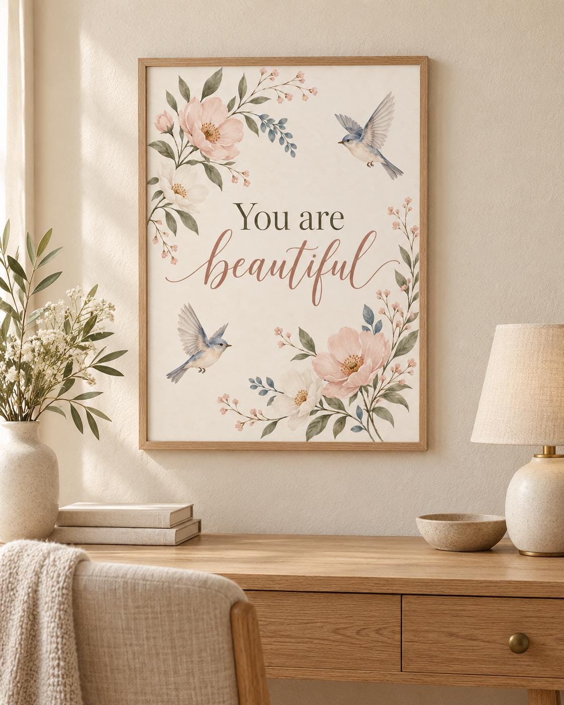 You Are Beautiful floral print shelf mockup
